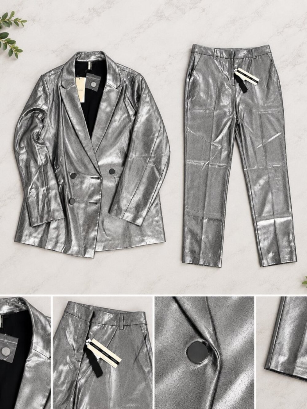 NWT Topshop Metallic Silver Foil Suit Blazer Pants Set US 12/10